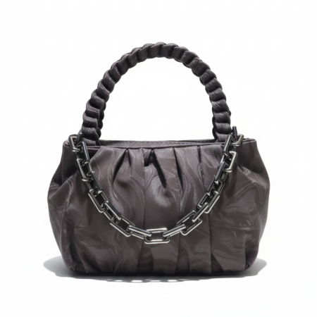Women's Stylish Ruched Hobo Handbag with Metallic Chain Detail - Trendy Pleated Satchel with Braided Top Handle & Detachable Sling Strap (Dark Grey)