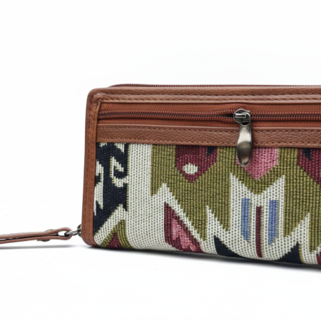 Women’s Zip Wallet Clutch | Ethnic Fabric Design | PU Leather Finish | Wrist Strap Wallet