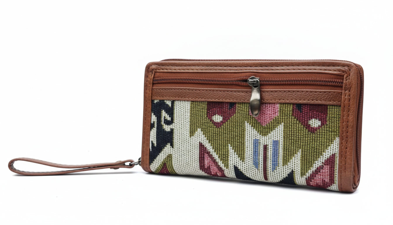 Women’s Zip Wallet Clutch | Ethnic Fabric Design | PU Leather Finish | Wrist Strap Wallet
