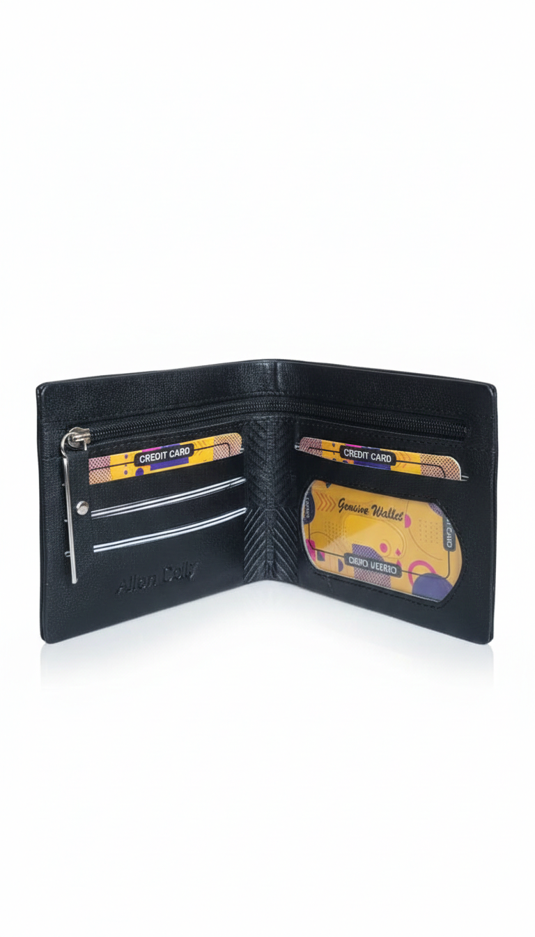 Premium Black Leather Bifold Wallet for Men | Stylish Slim Design with Card Slots & Zipper Coin Pocket - Image 2