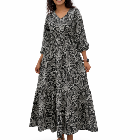 Women Ethnic Kalamkari Print Cotton Ankle Length One Piece Dress