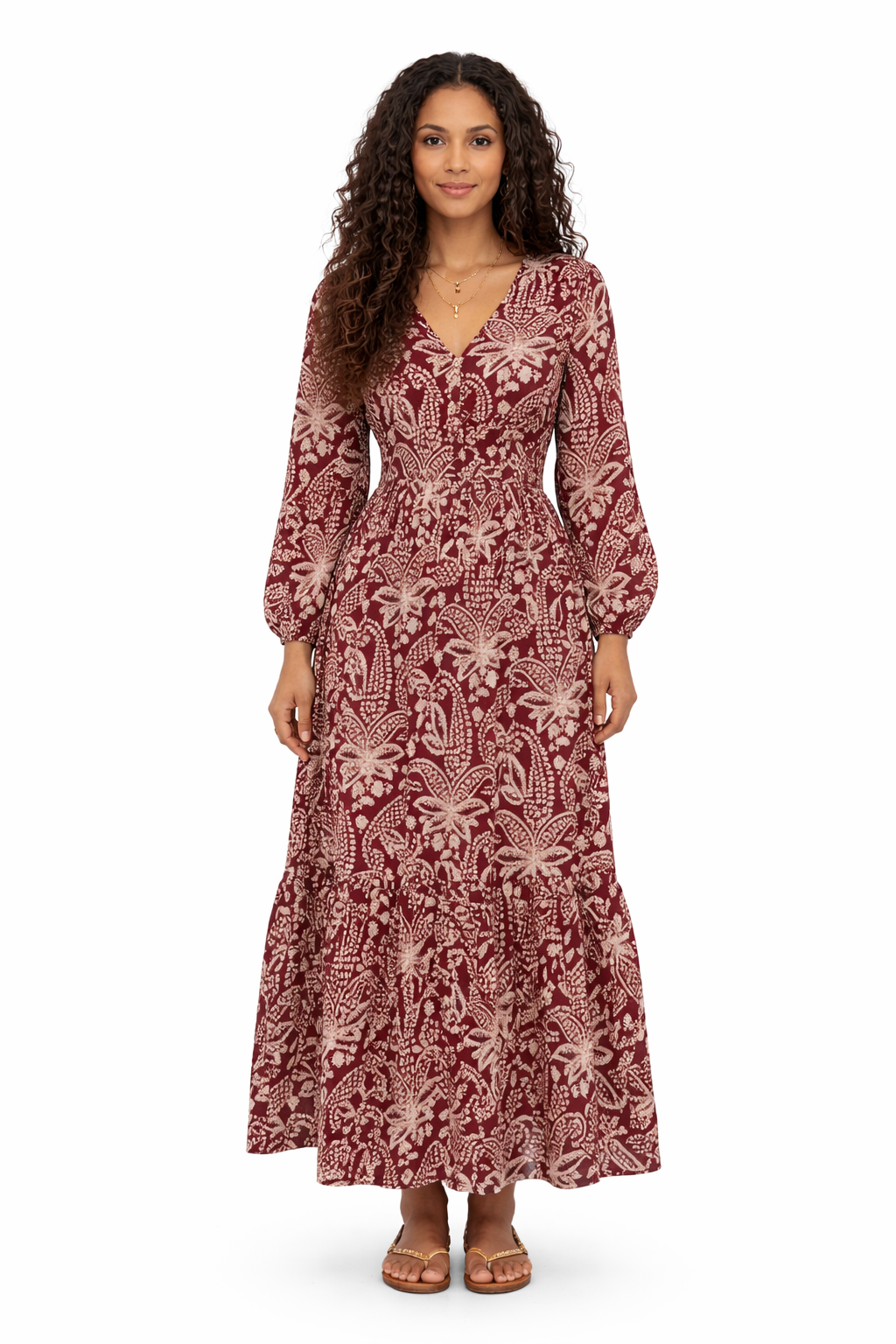 Women's Ethnic Floral Print Pure Cotton Ankle Length One Piece Dress