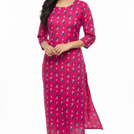 Women's Ethnic Print Round Neck Cambric Cotton Kurti - Pink