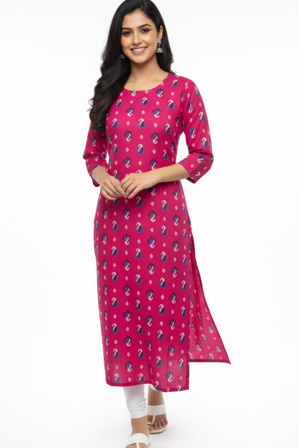 Women's Ethnic Print Round Neck Cambric Cotton Kurti - Pink