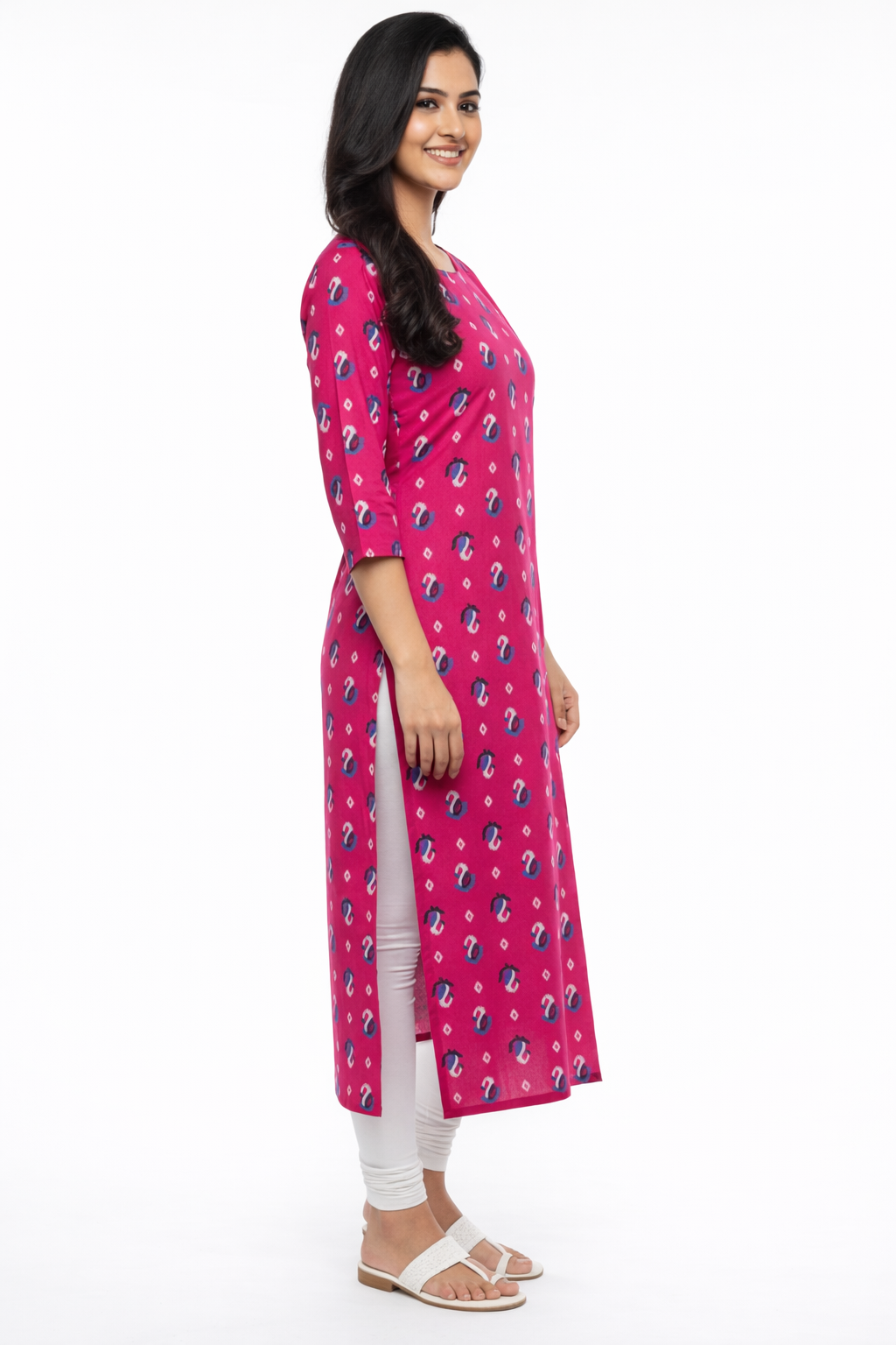 Women's Ethnic Print Round Neck Cambric Cotton Kurti - Pink - Image 3