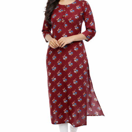 Women's Ethnic Print Round Neck Cambric Cotton Kurti - Maroon