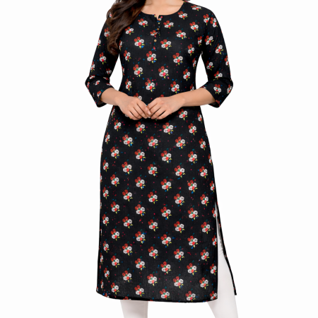 Women's Ethnic Print Round Neck Cambric Cotton Kurti - Black