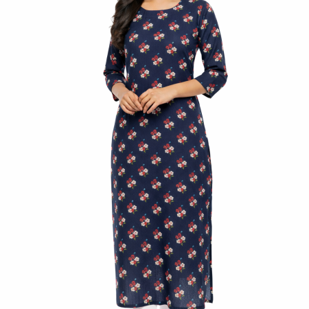 Women's Ethnic Print Round Neck Cambric Cotton Kurti - Nevy Blue