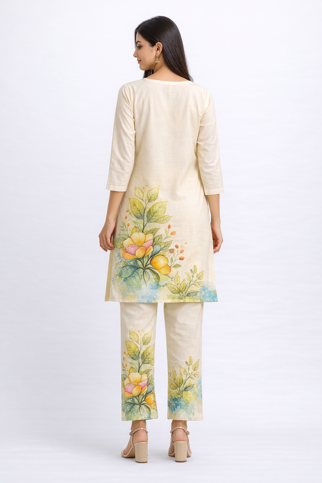 Women Cream Floral Printed Kurta Pant Set | 3/4th Sleeve | Straight Fit | Casual & Festive Wear - Image 3